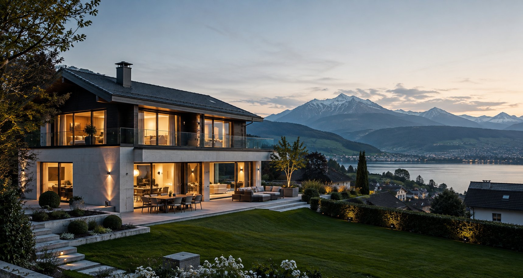Swiss lakeside residence at dusk
