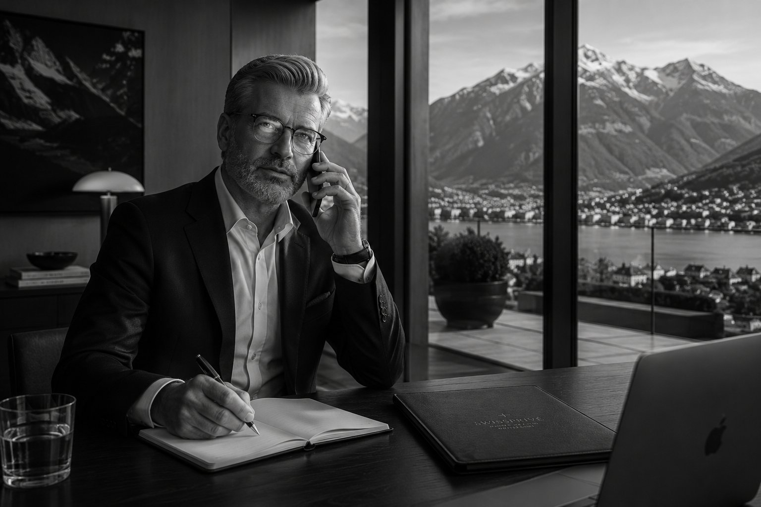 SwissPrive advisor at a desk overlooking a Swiss lake and mountains
