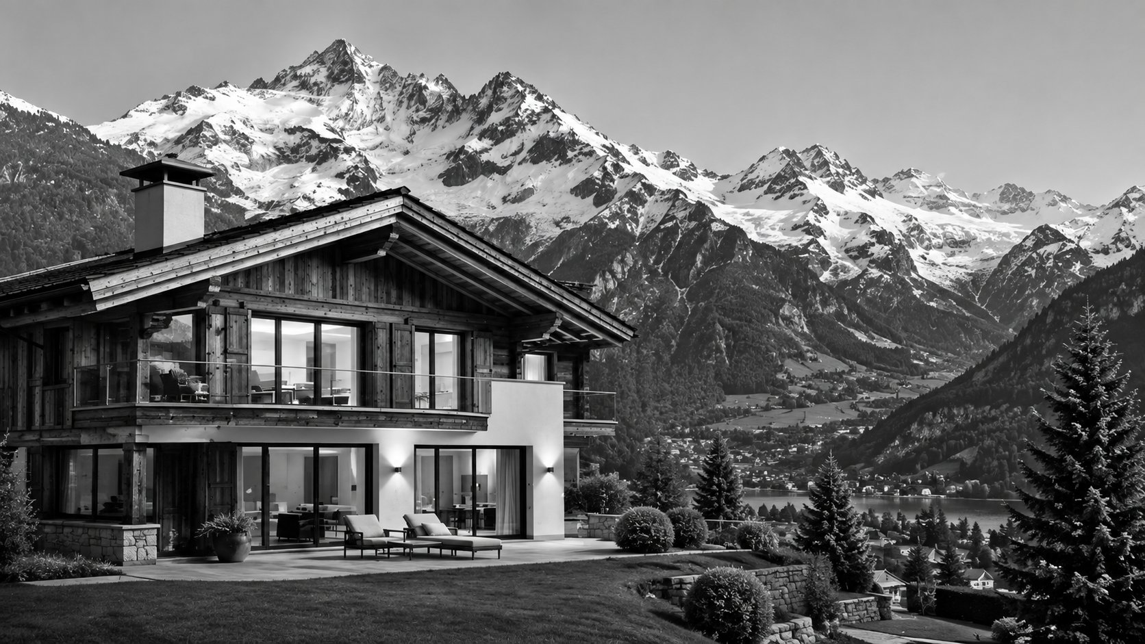 Swiss chalet residence in the mountains, black and white