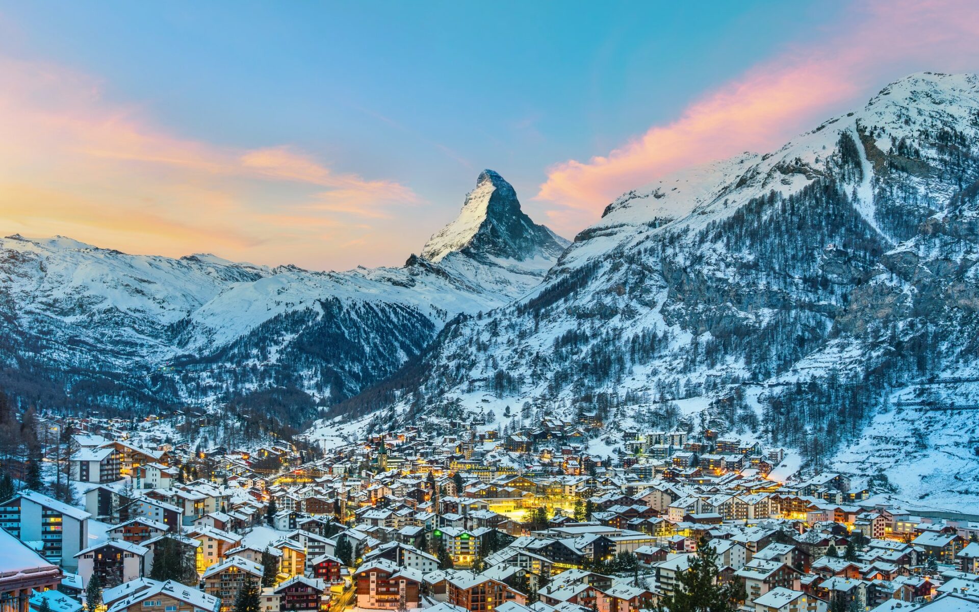 Matterhorn above Zermatt at sunrise, Swiss Alps
