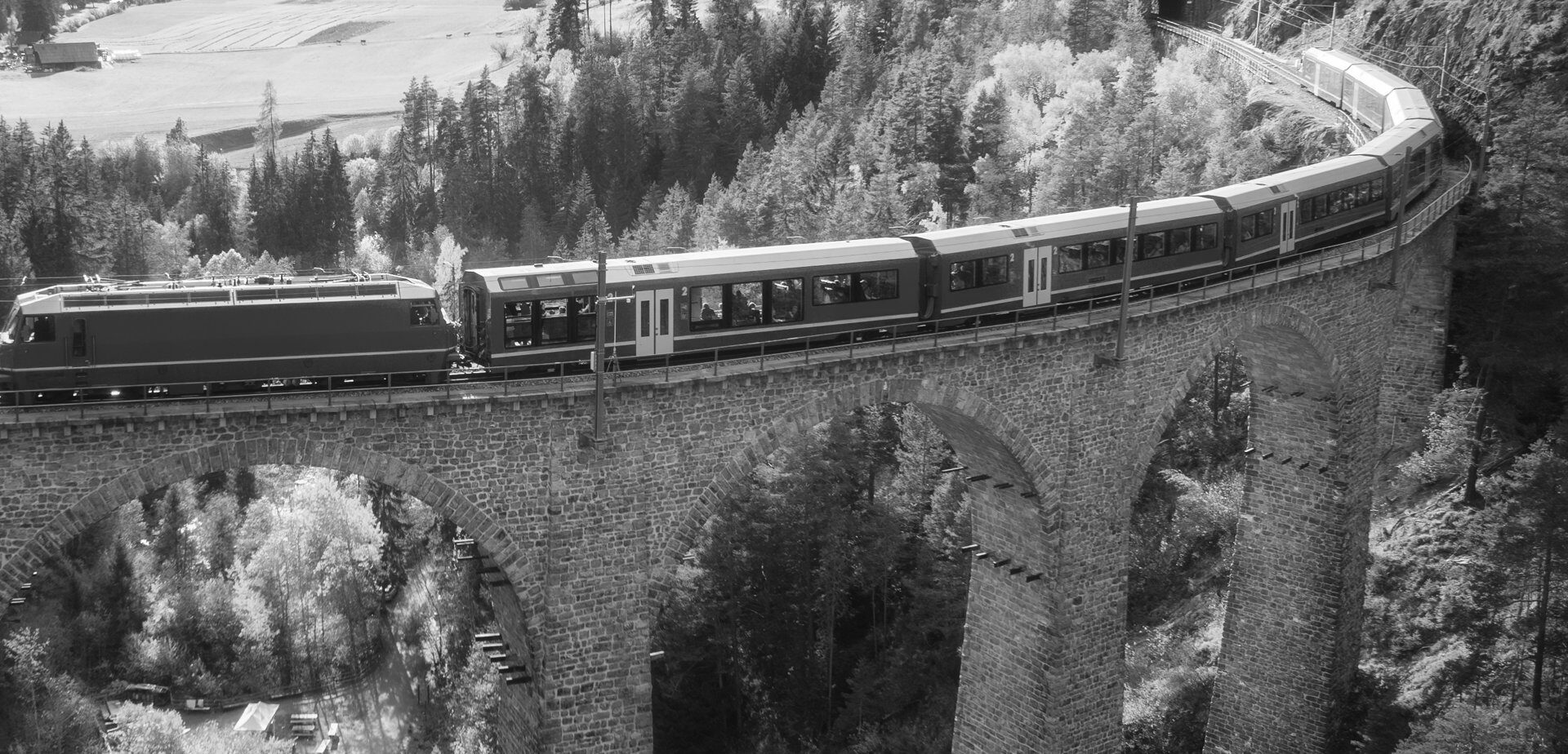 Train on the Landwasser viaduct, Graubünden, Switzerland